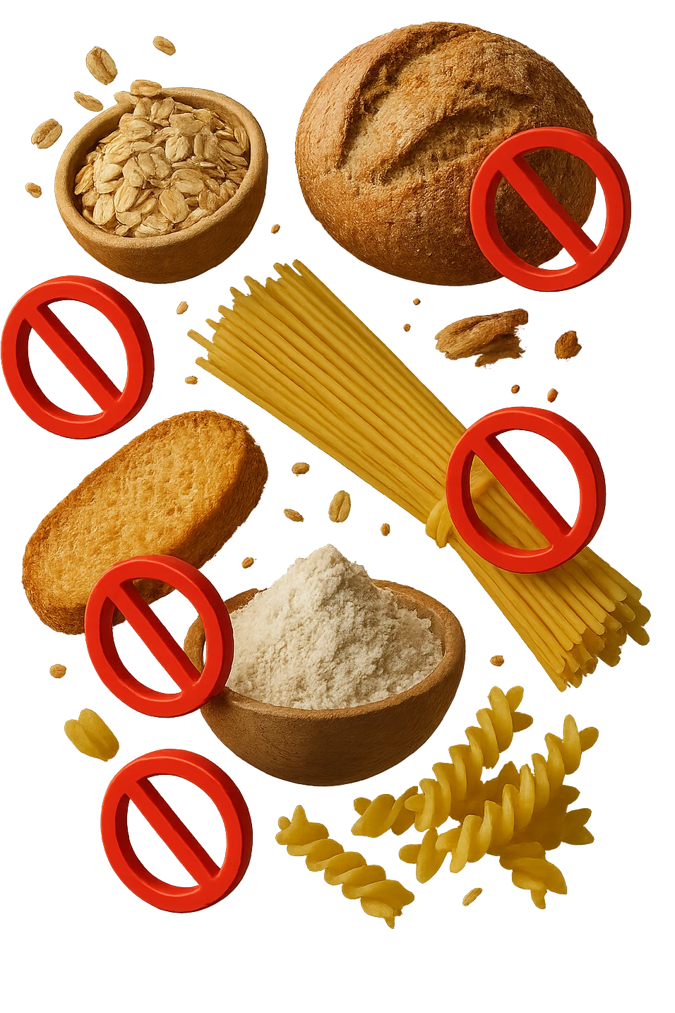cereali, pane, pasta e farine realistici fluttuano in aria con piccoli divieti 3d, IPERREALISTICO 4K emoji
