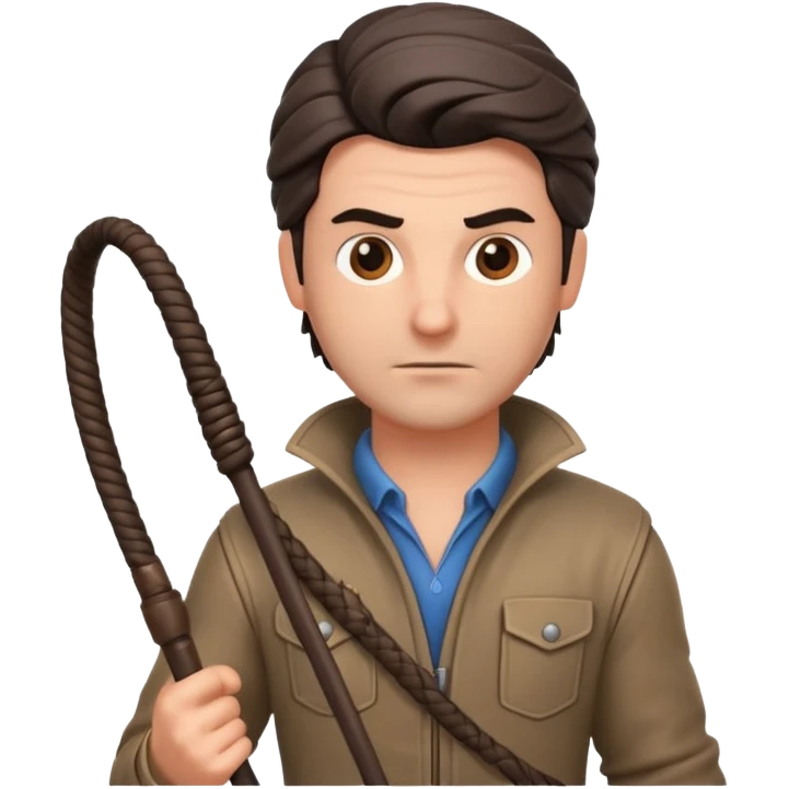 man with a whip portrait, head and shoulders only, whip coiled on shoulder, rugged outfit, confident look, 3D cartoon, mobile game icon style, clean background, no text, no watermark
 emoji