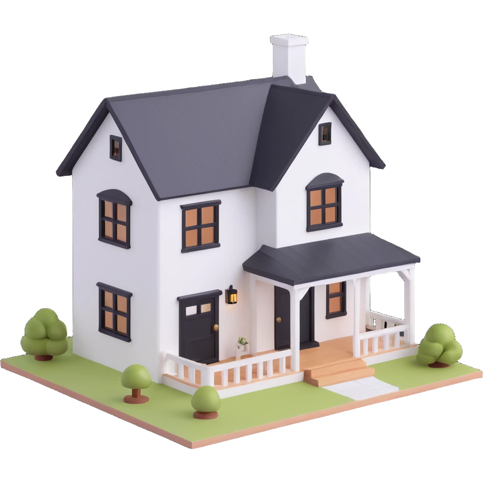 modern farmhouse dollhouse, white with black trim and wooden accents, 3d isometric  emoji