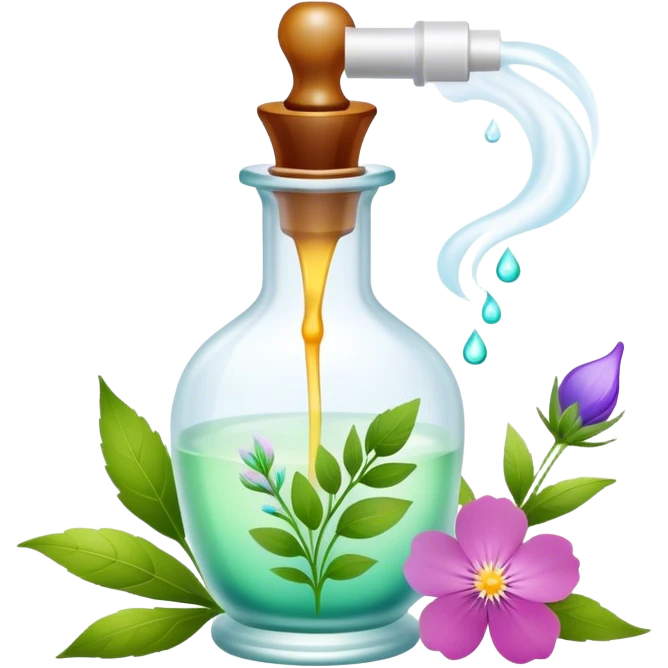 Perfume making icon, delicate glass bottle being filled with colorful essential oils from droppers, swirling mist rising from the bottle, flowers and herbs nearby, minimalistic style, clean lines, transparent background. emoji