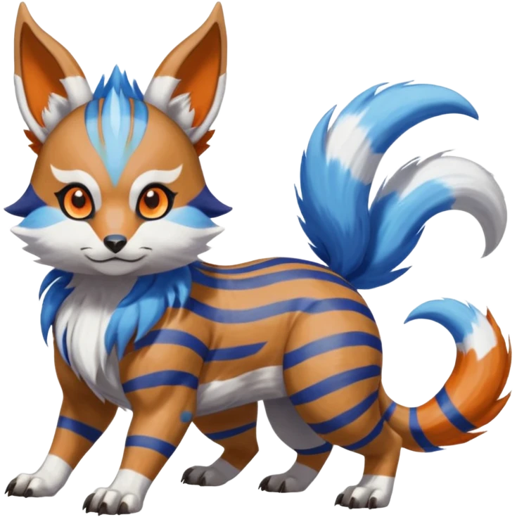 Brown and white-striped Colorful Skilled Adept Graceful Asian Painted WereGarurumon-Meloetta-Ursaring-Furret-fusion-hybrid-creature (full body) with blue rings around eyes, tufted orange ears emoji