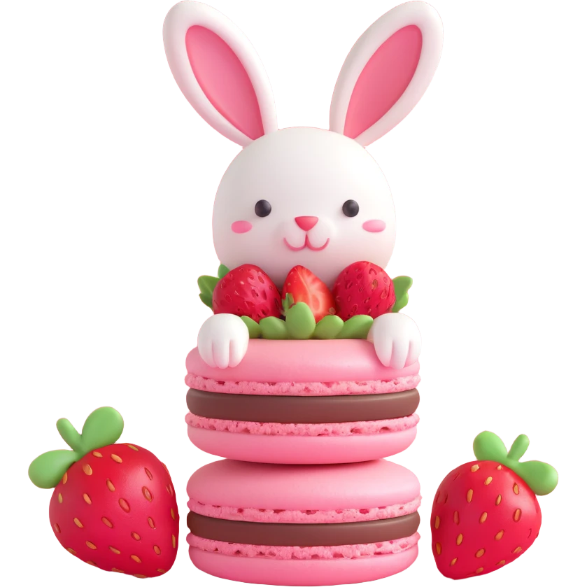 3D ios style macaron with strawberry and a bunny on top, purple color emoji