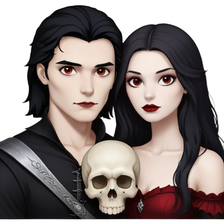 white girl with black hair and slightly dark red at the end, with brown eyes and red lips, with a strong cheekbones and strong face features, standing with white, slightly dark guy, with very (brown long fluffy hair), and grey eyes, with also strong skull and cheekbones. they must be the same height emoji