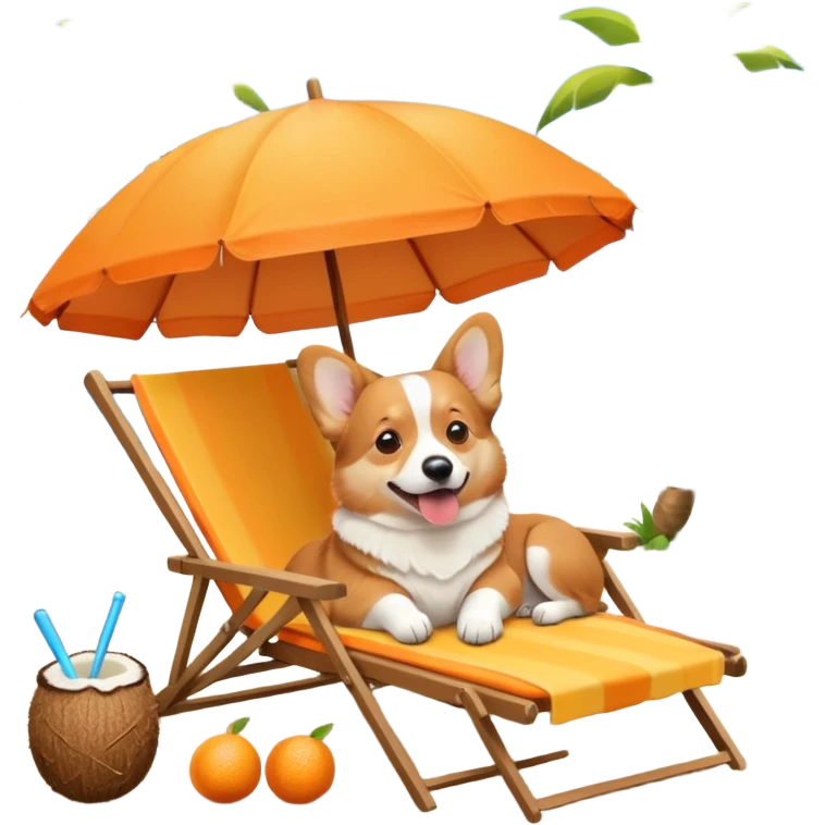 a corgi dog laied on a beach chair, a sunny beach, a sun umbrella, and beach coconut trees. the icon should capture the essence of a relaxing beach vacation with a carefree atmosphere emoji