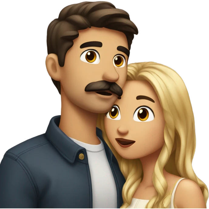 Beautiful girl kiss his boyfriend. they have dark brown hair. the man has a mustache emoji