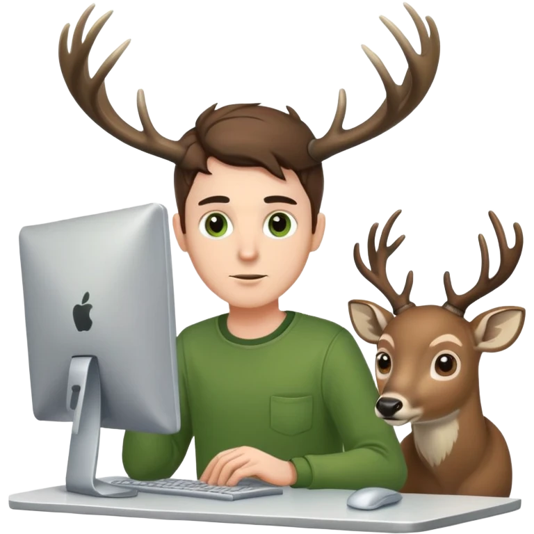 White Guy works at computer with deers antlers, green clothes, brown eyes  emoji