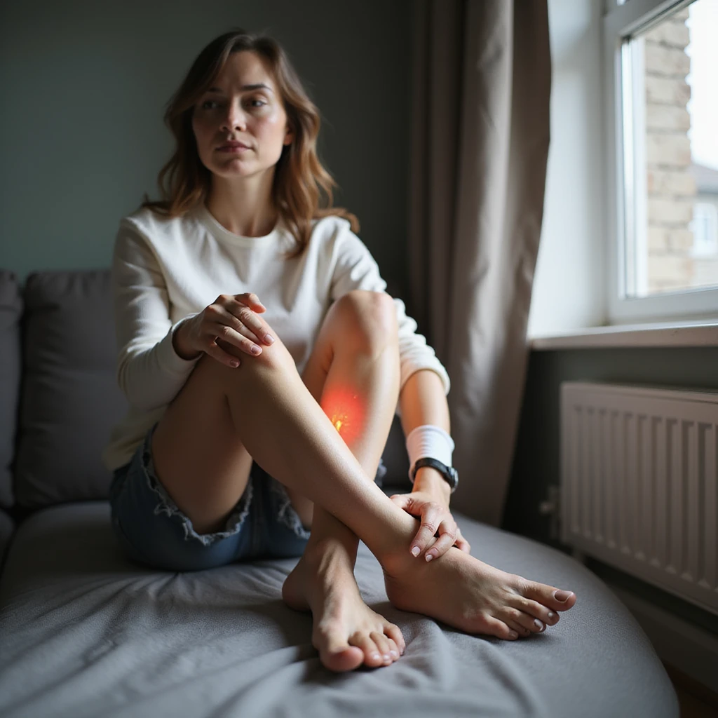 woman sitting with one leg raised, holding foot with expression of pain, painful knees, caused by orthotic insole, realistic style, white background emoji