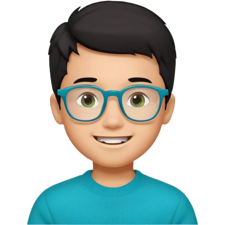 Chico de 7 años, pelo negro y repeinado pero con volumen hacia arriba, piel marrón clarito, gafas cuadradas azules, sonriente y sin 1 diente, jersey verde turquesa y ojos muy rasgados, Y NO redondeados emoji
