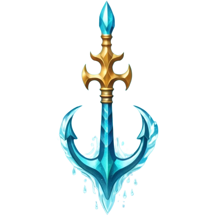 Cyan Poseidon's trident with glitter and water effects around it. emoji