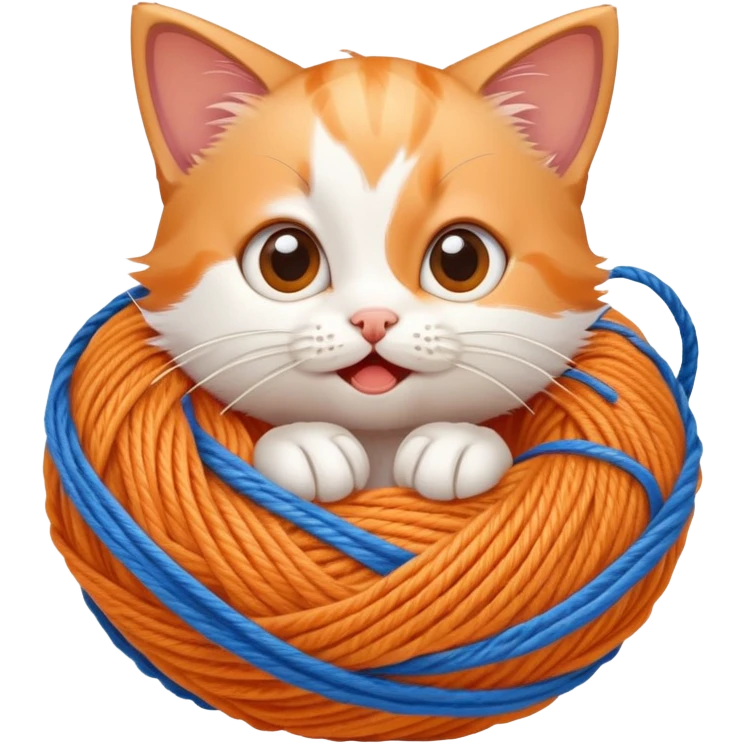 Funny kitten tangled in yarn with surprised expression emoji