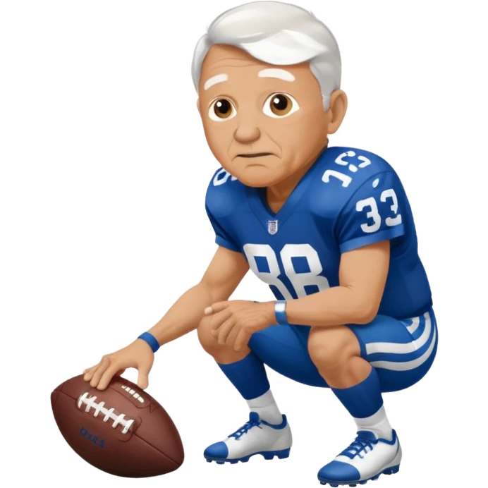 A grandpa playing football wearing an Indianapolis Colts jersey is. Show him kind of crouch down to the ground, holding the football and show the name rivers on the back of his jersey. emoji