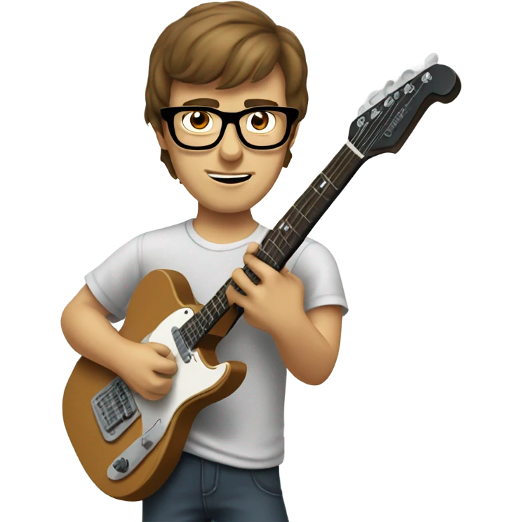 A nerdy guy with glasses and short brown hair playing a telescaster emoji