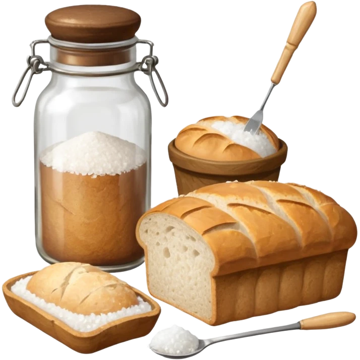 a one victorian bottle of salt and a loaf of bread - a bread bag, crochet needles and a ball of wool emoji