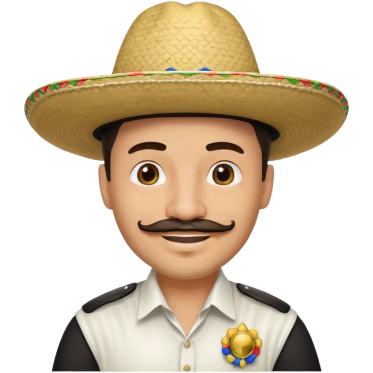 A happy, light skinned, Colombian man, with a small not connected mustache, a small gotee, wearing a Colombian Sombrero Voltiao with black rings on it, and wearing a white dress shirt emoji