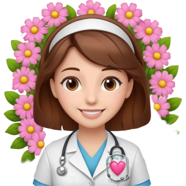 Brown hair Nurse with pink heart and flowers surround her emoji