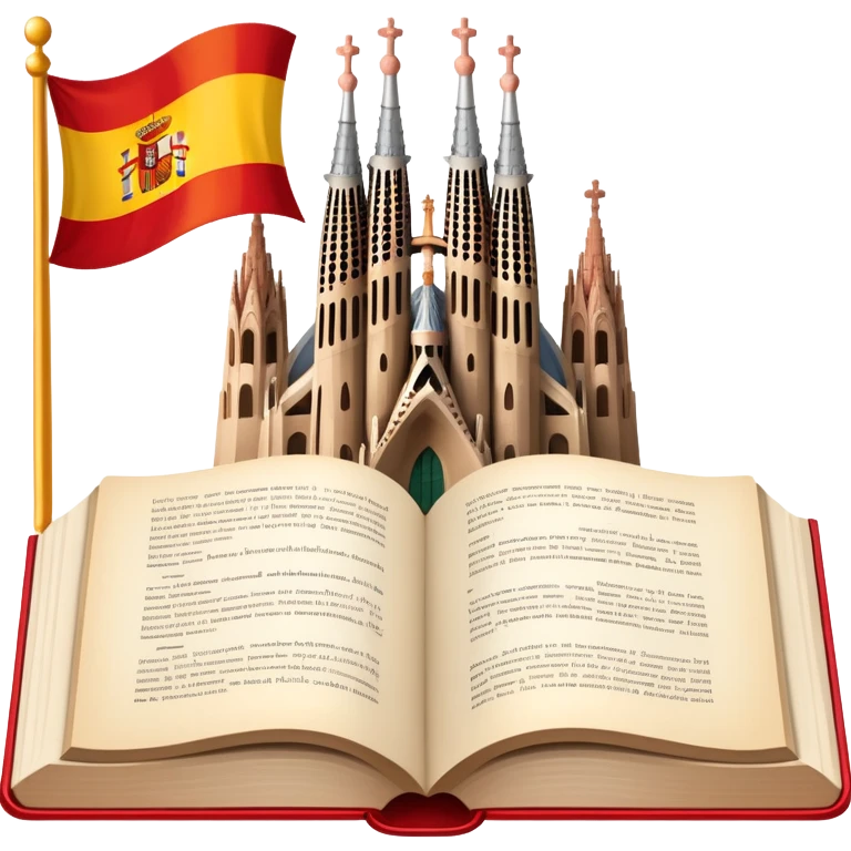 An icon featuring the Sagrada Familia and the flag of Spain, symbolizing the Spanish language. The design includes an open book with Spanish text and flamenco dancers, representing language learning and cultural heritage. Transparent background emoji