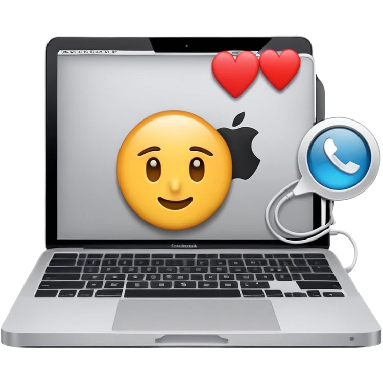 Crea una imagen donde una MacBook, una cámara y un celular estén cargando emoji