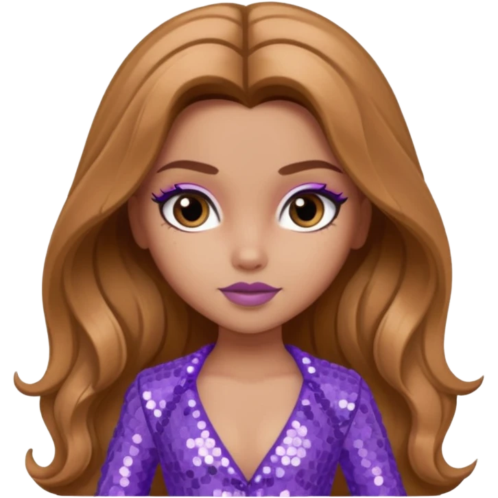 Yasmin from Bratz with long light brown hair and lavender sequin outfit emoji