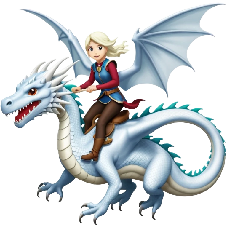 Large white dragon flying with a  female rider on top of it emoji