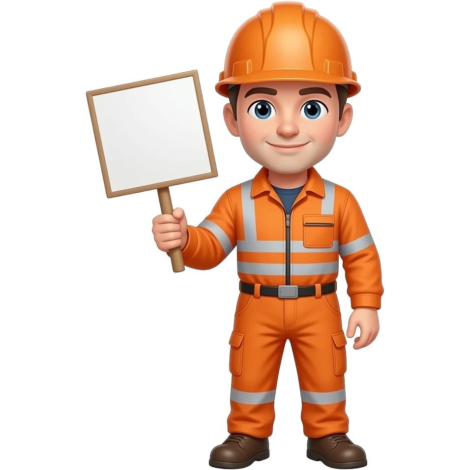man standing in a hard hat and full orange hi-vis overalls with sleeves holding a sign emoji