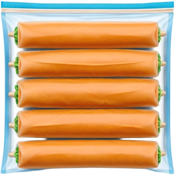 Thai spring rolls in a zipper bag, ready for the freezer
- the spring rolls should not be too orange, their colour should be like dough
- arrange them in two rows of five spring rolls inside the zipper bag emoji