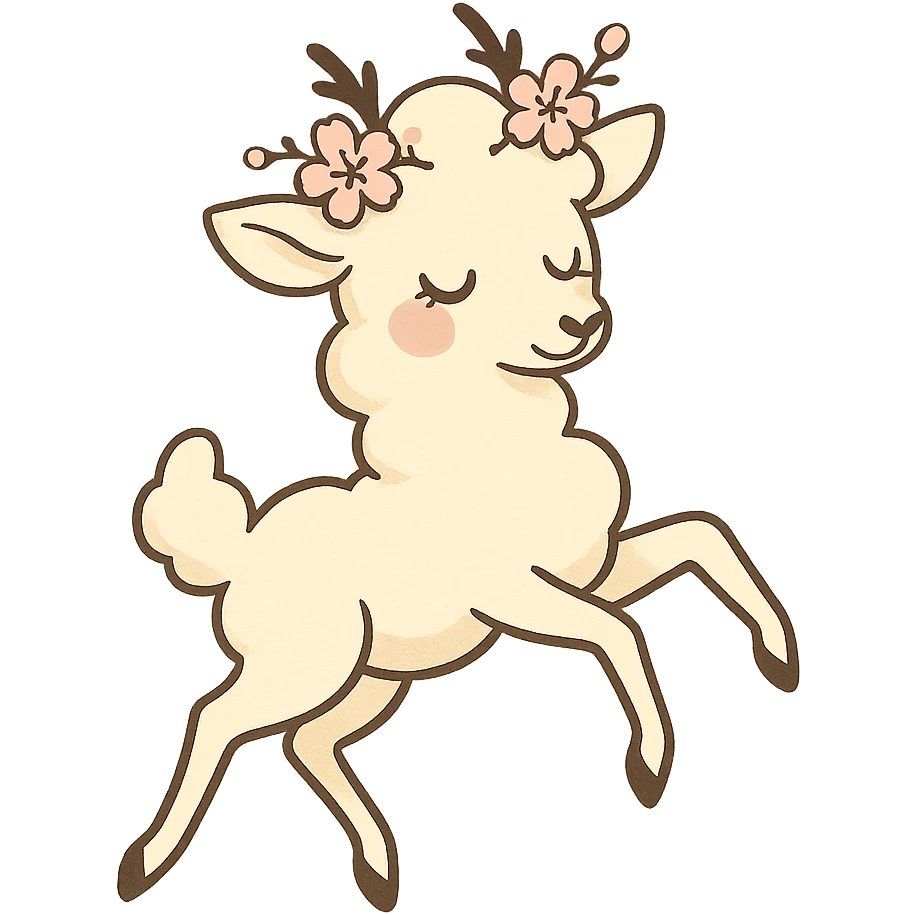 vanilla-colored cloud doe with rosy cheeks, cherry blossom crown, floating gracefully with witch-like elegance, brand identity mascot for social media emoji