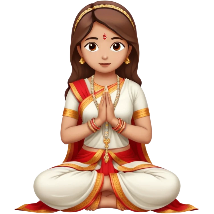 Full body Bengali girl wearing traditional red and white saree with hands joined in prayer position emoji