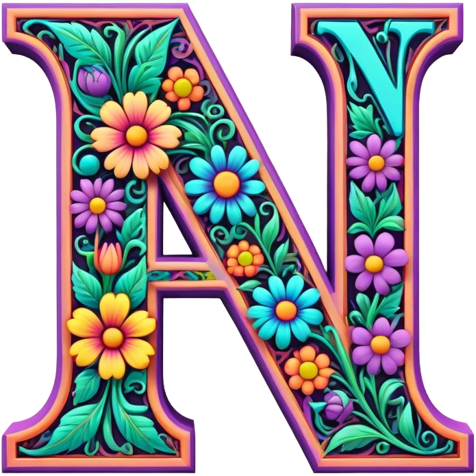 3D, gothic style psychedelic colored capital Letter N with hippie style flower border emoji