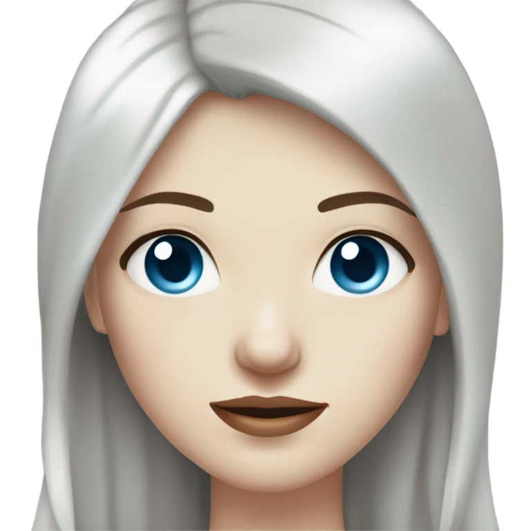 woman with pale skin, blue eyes and long dark red hair with layers and fringe bangs, wearing a white top and silver jewellery emoji