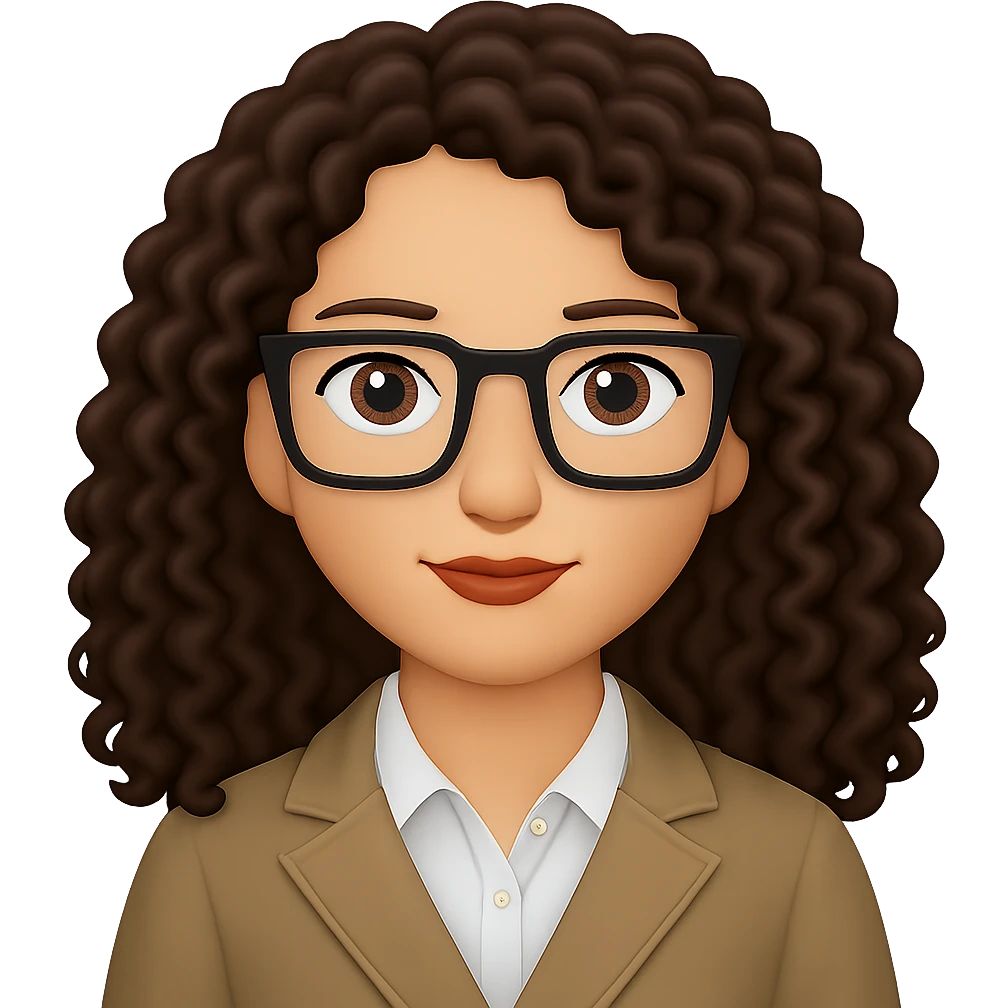Change to rectangular glasses, keep lady with long dark brown curly hair, in emoji style with no background. emoji