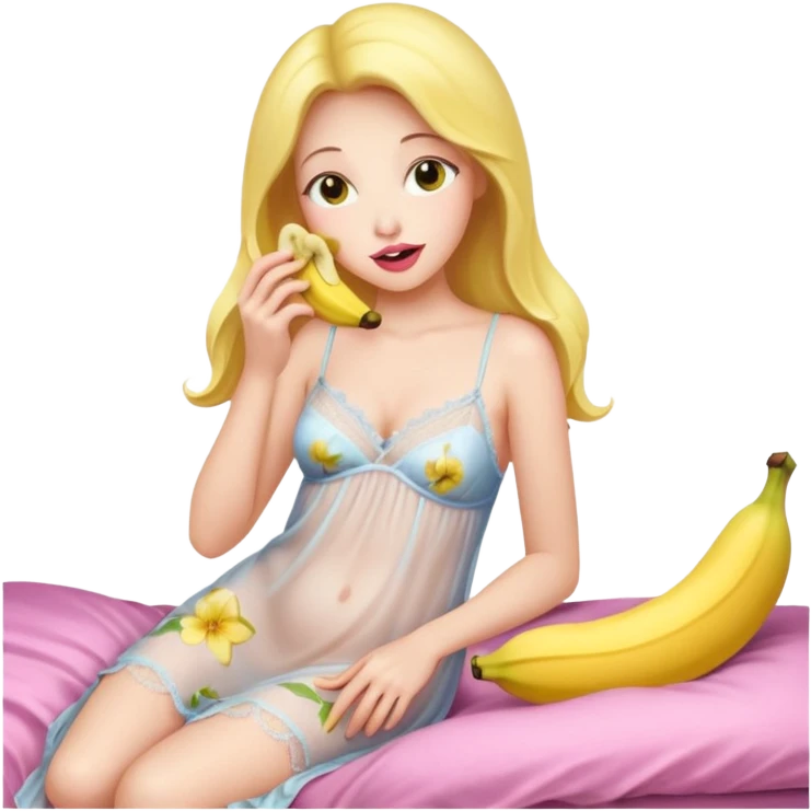 Frau in durchsichtigem Nachthemd leckt an Banane am Stück im bett emoji