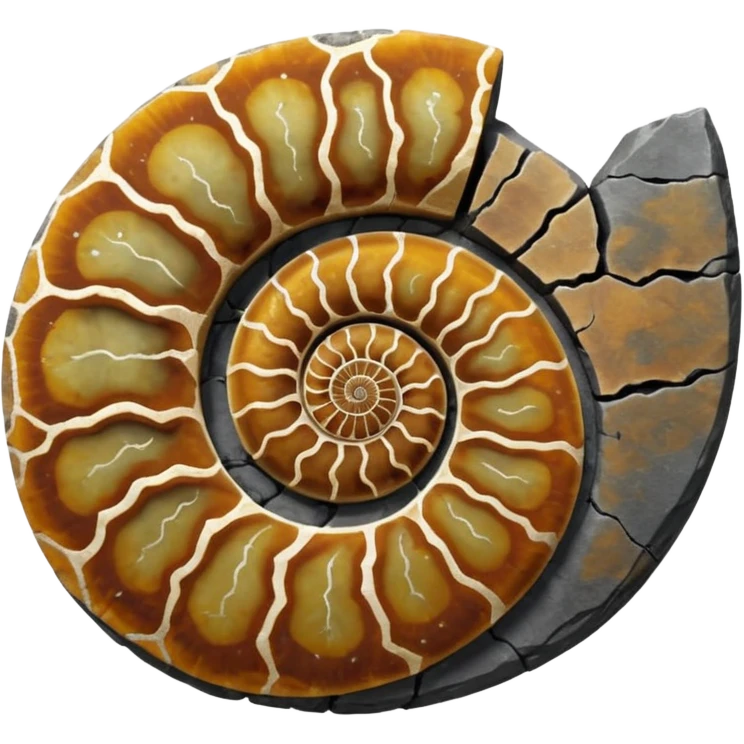 3D render of Ammonite, embedded in a chunk of rough sedimentary rock, cracked stone texture, ancient fossil aesthetic, embedded in dark grey slate stone, matte dry finish, Apple emoji style, isolated on white background --v 6.0 emoji