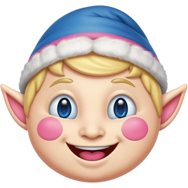 A blue emoji with fat pink cheeks and is smiling like a elf emoji