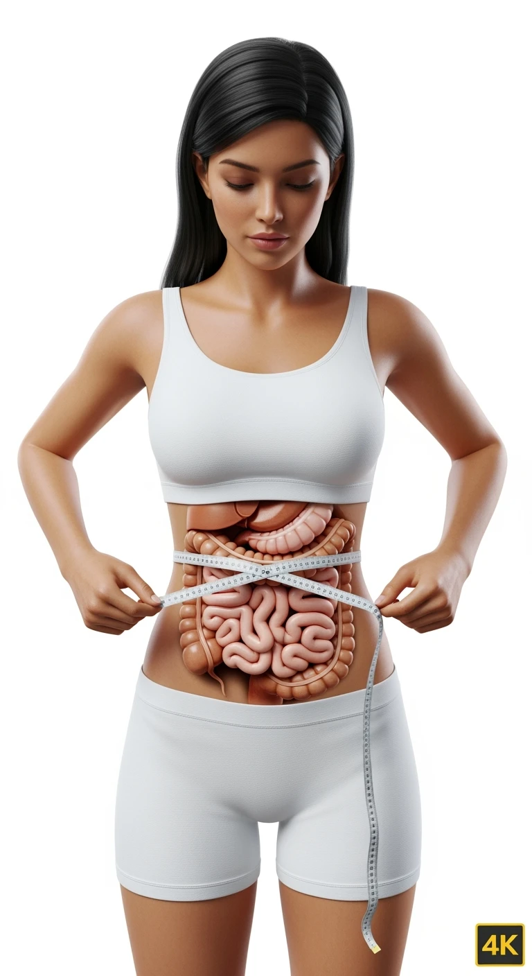 DONNA CHE SI STRINGE I FIANCHI CON LE MANI PER MISURARLI, INTESTINO ANATOMICO REALISTICO IN EVIDENZA, iperrealistico 4k, SENZA METRO, ISOLATA SU SFONDO BIANCO emoji
