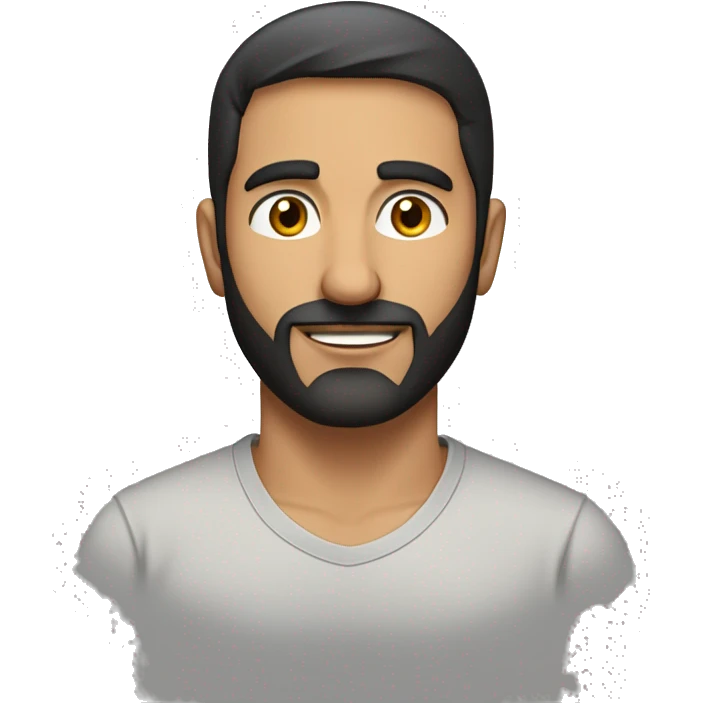 A head and shoulders shot of a 37 year old Middle Eastern man, with short black hair, with beard facial hair,   with brown eyes wearing a t-shirt. emoji