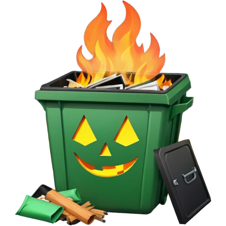 Green smiling dumpster with an open black lid and a fire burning inside it. there is litter and trash on the ground around it emoji