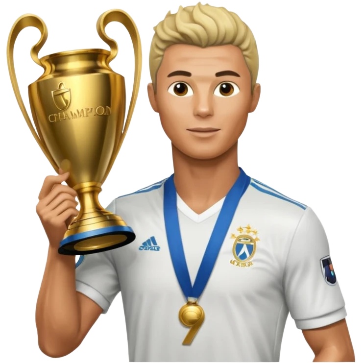 Cristiano Ronaldo holfing the champions league with noodle hair a bit longer noodle hair with a bit of blonde highlights and tge hair xoming down a bit just a bit of blonde not completely emoji