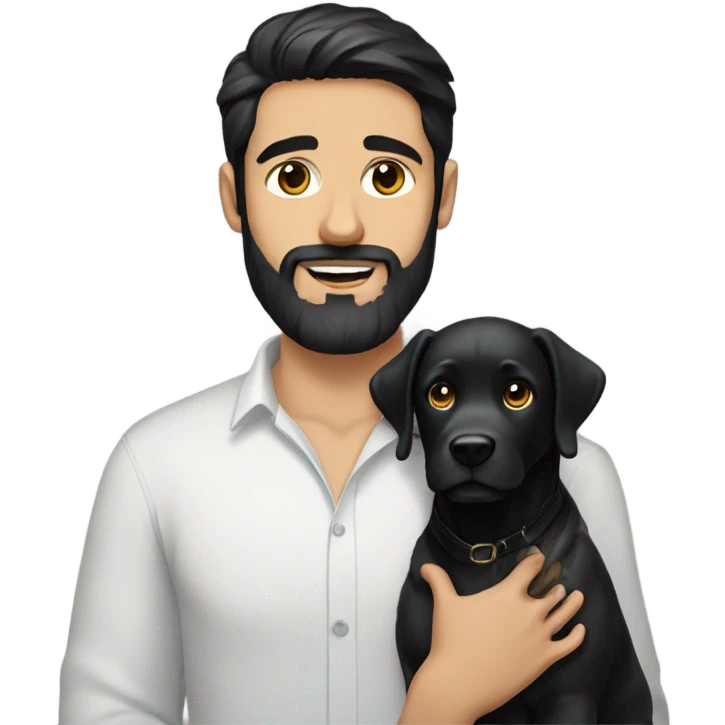 beard man black hair blue eyes holding black Labrador  emoji