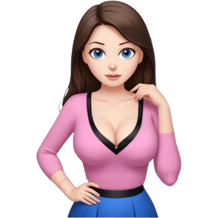 sexy woman brunette, very large breasts, pale skin, blue eyes, long brown hair, tight pink low cut  blouse, short black skirt. at desk emoji