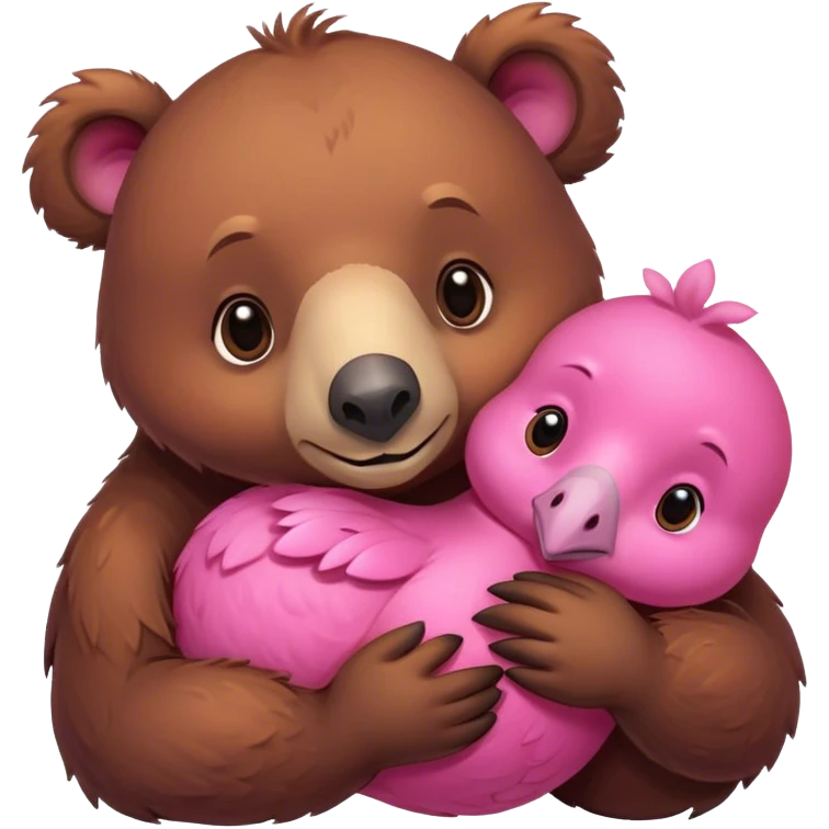 A cute brown bear and a pink dodo closely snuggled together emoji