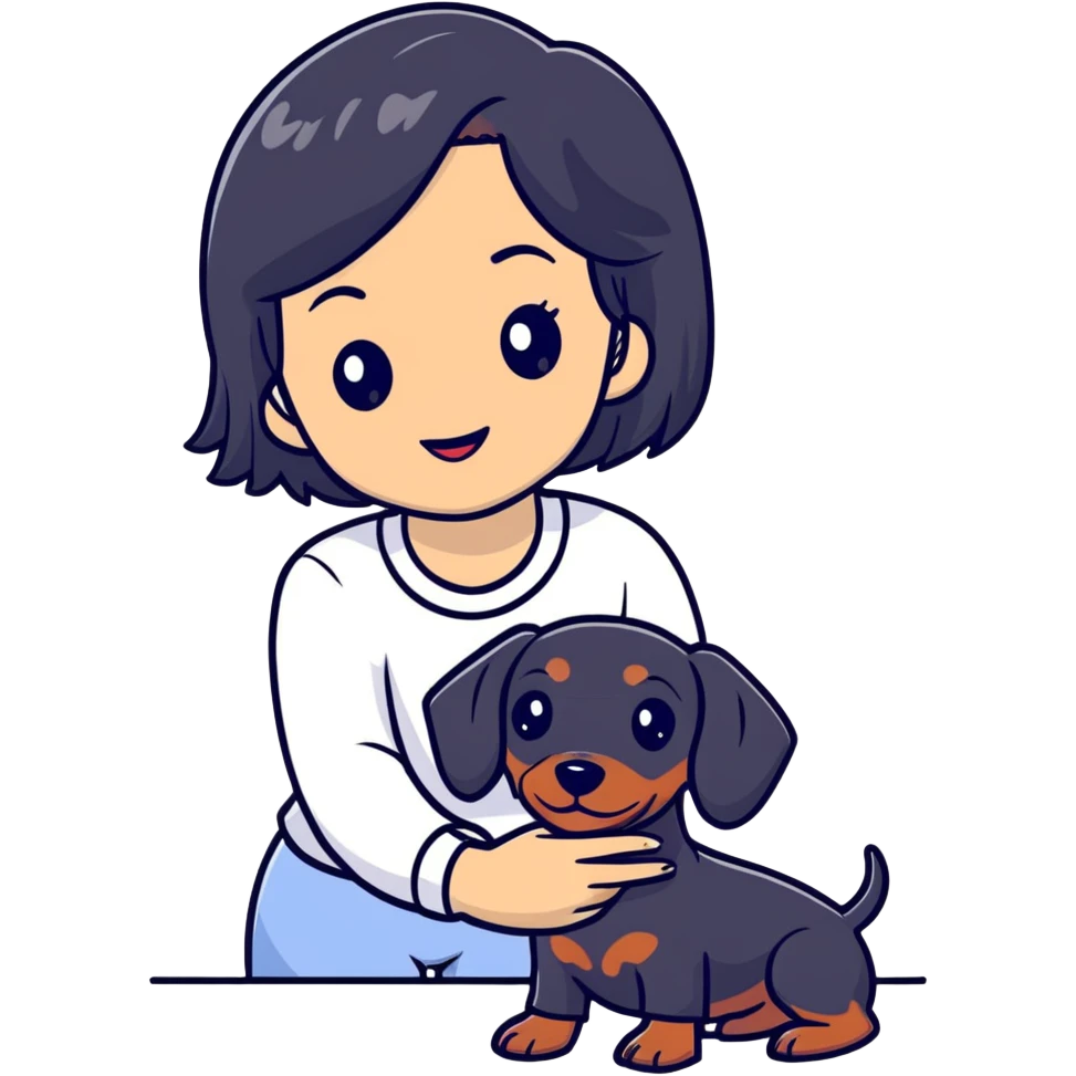 black hair asian girl taking selfie with black dachshund emoji