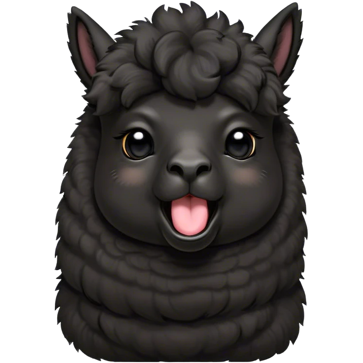 Cinematic Cute Yawning Black Alpaca Portrait Emoji, Head tilted slightly with a dramatic, wide-open yawn, showcasing a soft, plush jet-black fleece with gently drooping ears, round dark eyes barely open in drowsy contentment, Simplified yet irresistibly adorable features, highly detailed, glowing with a soft, cozy glow, high shine, relaxed yet expressive, stylized with a touch of whimsy, bright and endearing, soft glowing outline, capturing the essence of a sleepy yet affectionate alpaca, so drowsy it feels like it could stretch out of the screen and curl up for a nap! emoji