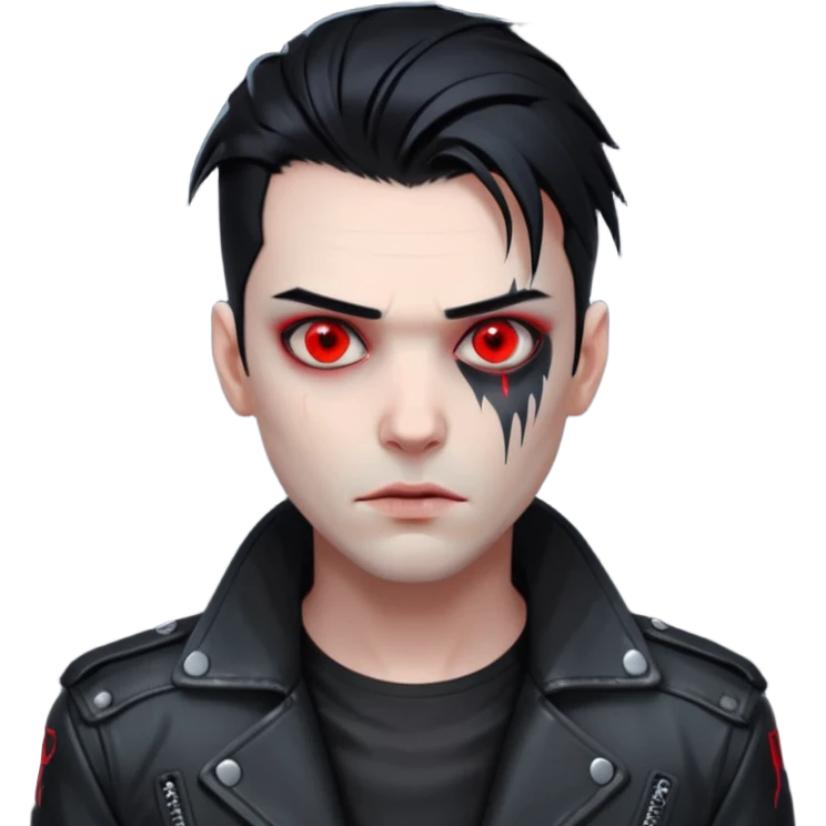 Cyberpunk man, slicked hair, silver metal jaw prosthetic, glowing red eyes, cold expression, clinical lighting emoji
