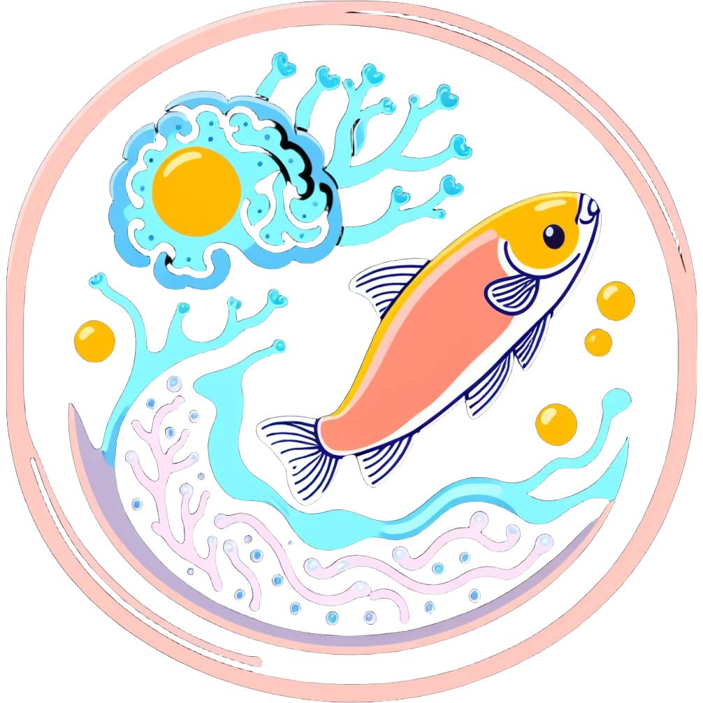 A glowing crystalline brain with mental fog dissipating around it. Ethereal pieces of salmon, golden egg yolk, and fermented soy float in a spiral, sending thin beams of light that activate bright points on the cerebral cortex, creating an expanded focus circuit. emoji