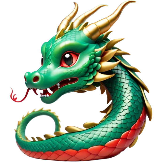 Cinematic Cute Chinese Serpent Dragon Portrait Emoji, Head tilted playfully and inquisitively, showcasing a slender, flowing body with vibrant jade scales and soft vermilion accents intertwined with whimsical wisps of cloud and water details; rendered with realistic finesse and warm natural light, high shine, charming and spirited, styled with a touch of mythic whimsy, soft glowing outline, capturing the essence of a mischievous yet endearing celestial dragon poised to weave magic into your dreams! emoji