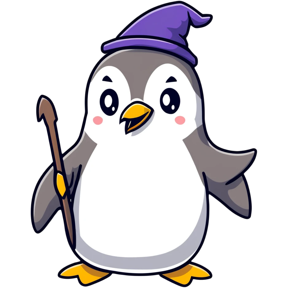 A penguin wizard with a long white beard, wearing wizard robes and conjuring magic from its flippers emoji