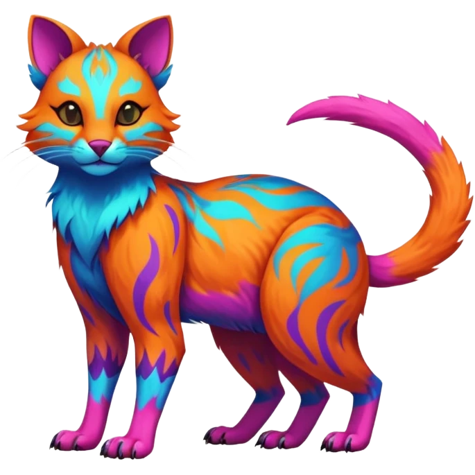 Neon-colored fantasy feline-Fionbri-canid-rodent-marsupial-critter-vernid-fursona animal creature full body with intricate markings  emoji