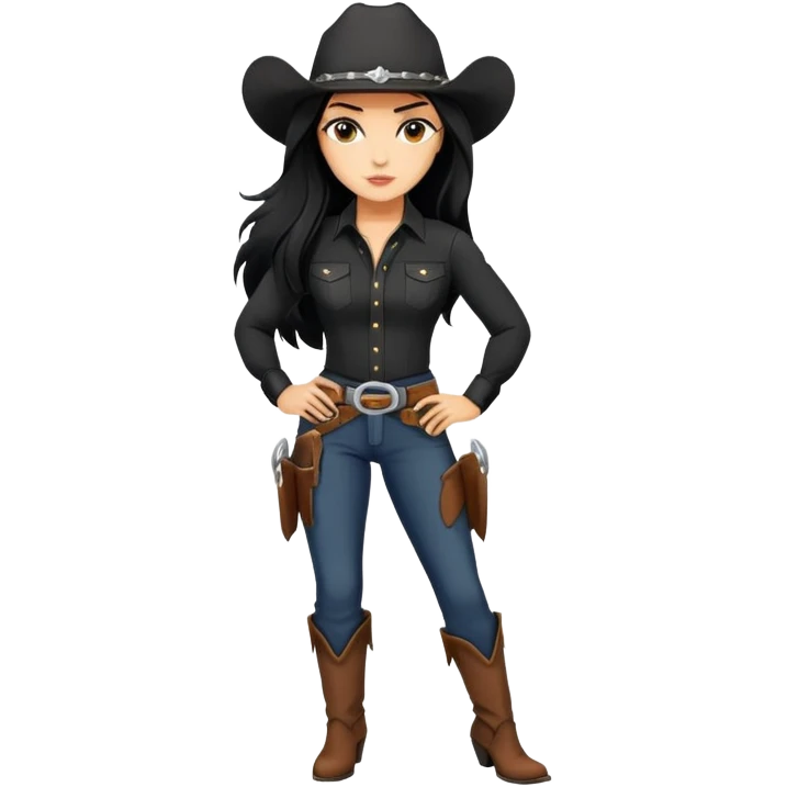 confident hot tanned woman with long black hair cowgirl style wearing black outfit with strong pose emoji