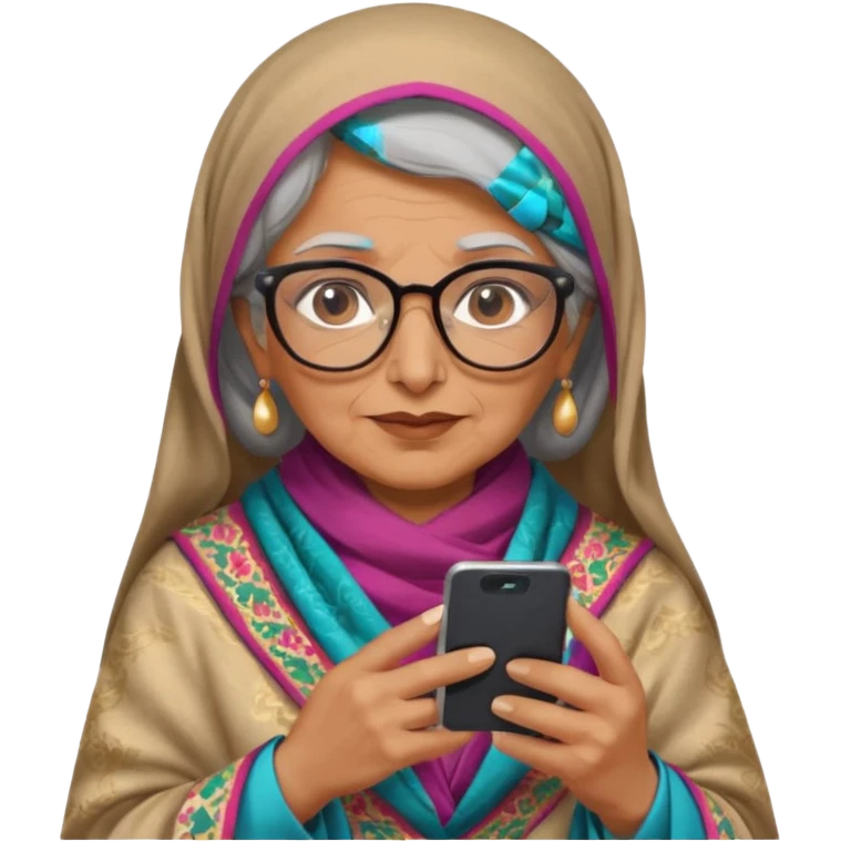 persian old woman Persian shawl with smartphone and glasses, half body emoji