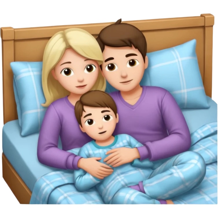 A woman and a young man are lying in bed and cuddling with each other. emoji